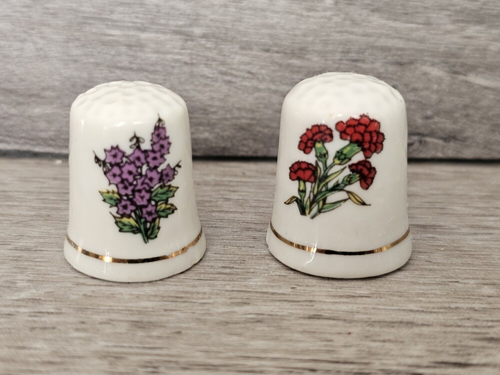 Vintage Collectible Floral Purple & Red Flowers Porcelain Thimbles Lot 206a
